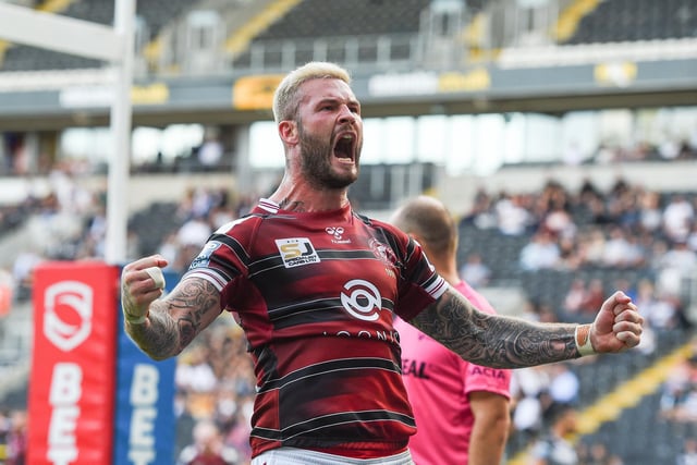 Hull, England - 11 September 2021 -  Zak Hardaker of Wigan Warriors celebrates scoring a try during the Rugby League Betfred Super League  Hull FC vs Wigan Warriors at MKM Stadium, Hull, UK