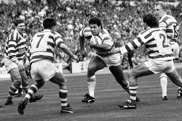 Wigan's Kevin Iro charges through the Halifax defence to score a try in the Challenge Cup Final at Wembley on Saturday 29th of April 1988. Wigan won the match 32-12.