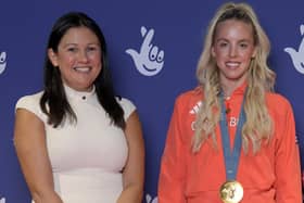 Keely Hodgkinson, pictured with Wigan MP Lisa Nandy, shows off her Olympic gold medal