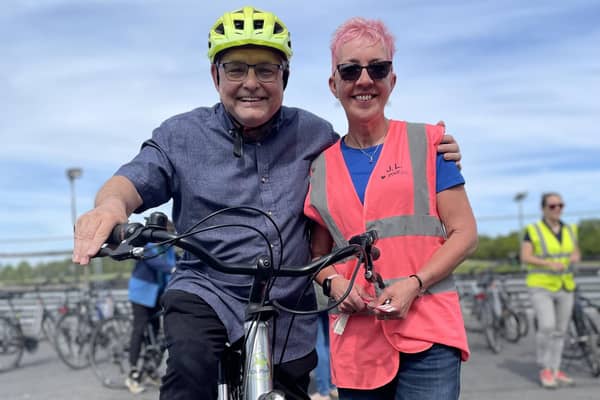 Coun Chris Ready and Be Well cycling activator Joy Lummis at Three Sisters Circuit