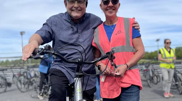 Coun Chris Ready and Be Well cycling activator Joy Lummis at Three Sisters Circuit