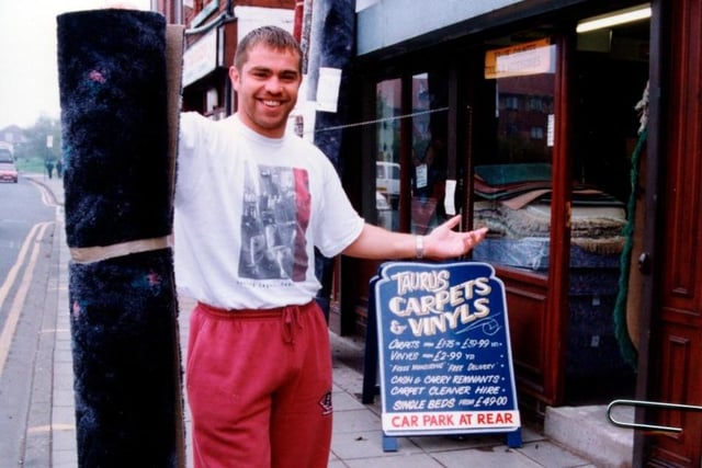 1993 - Wigan RL star Martin Dermott opens the Taurus Carpet store, Manchester Road, Ince