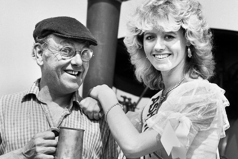 Steeplejack, steam enthusiast and cult television personality Fred Dibnah gets a bit steamed up as he meets the Ashton Carnival Queen Diane Galvin on Saturday 14th of June 1986.