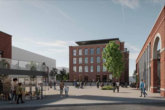 CGI view from Swan Meadow Road towards Mill 1 across the piazza following transformation the Eckersley complex in Wigan