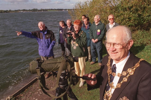 Deputy Mayor Coun Ernie Swift joins birdwatchers at Pennington Flash, Leigh, for a Celebration of Birds weekend in 1999