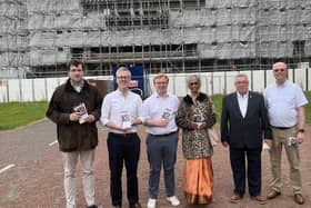 Conservatives line up outside the under-restoration Haigh Hall, from left, former Standish councillor Adam Marsh, Lord Stephen Parkinson of Whitley Bay, Wigan Conservative candidate Henry Mitson, vice-chair of Wigan Conservatives Yamini Gupta, and Richard Mitson, the candidate's father