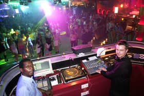 DJ Tony Corless, right, and lighting technician, Michael Douglas, in Kudos night club on Anjou Boulivard on Thursday 28th of June 2001.