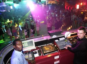 DJ Tony Corless, right, and lighting technician, Michael Douglas, in Kudos night club on Anjou Boulivard on Thursday 28th of June 2001.