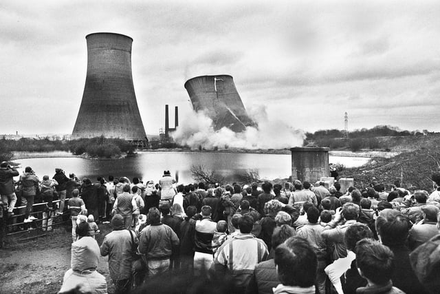 The first of the Westwood Power Station cooling towers is blown up at 10.15am on Sunday, 15th January 1989.