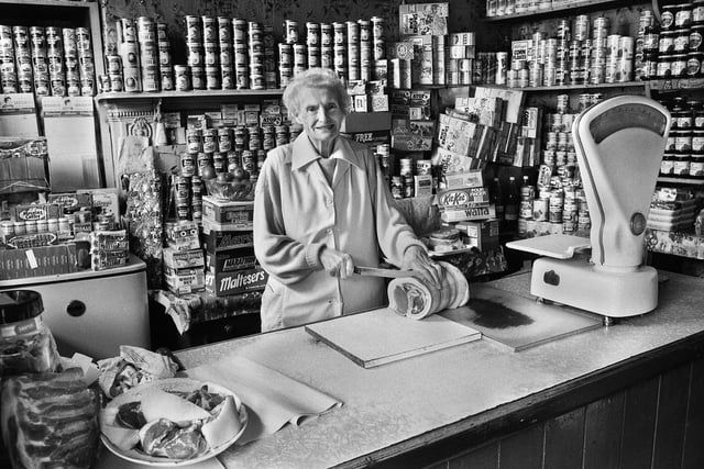 Janie Geller who was retiring aged 82 from her grocery shop in Up Holland Road, Billinge, in July 1988.