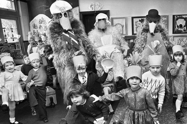 The Wombles join the party at Beech Hill Infants School in December 1975.