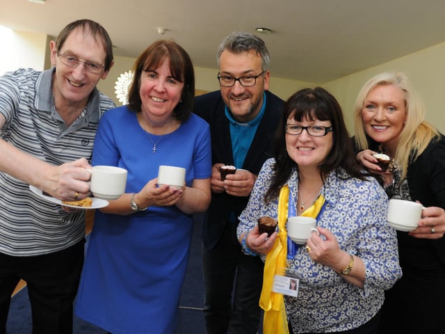 Co-ordinators and supporters, from left, David Brown. Jacqui Cannon, Rev Neil Cook, Alison Brown and Sonya Bithell at the launch of the dementia-friendly Community Cafe at Eliot Gardens, Adactus Housing apartments, Worsley Mesnes