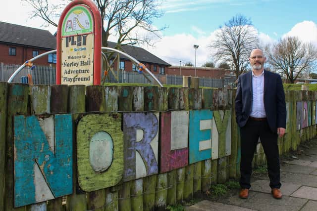 Councillor Paul Prescott outside Norley Hall Adventure Playground.