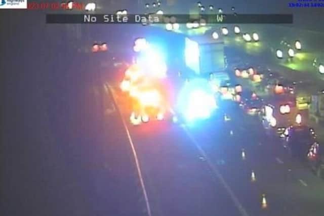 The scene on the M6 near Wigan this evening with emergency services at the scene.