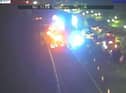 The scene on the M6 near Wigan this evening with emergency services at the scene.