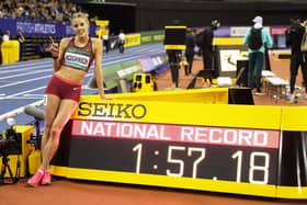 Keely Hodgkinson celebrates her new British indoor record in the 800m