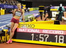 Keely Hodgkinson celebrates her new British indoor record in the 800m
