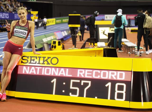 Keely Hodgkinson celebrates her new British indoor record in the 800m