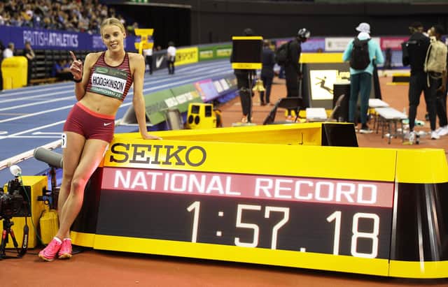 Keely Hodgkinson celebrates her new British indoor record in the 800m