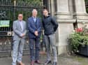 Left to right: Keith Bergman (general manager, Haigh Woodland Park), Coun David Molyneux MBE (Leader, Wigan Council) and Stuart Holden (Be Well Wigan service manager) outside the Plantation Gates