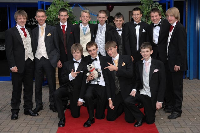 Deanery CE High School Leavers' Ball, JJB Stadium.
Rear; Levi Cornah, James Atherton, Richard Gibson, Ryan Ingram, Andrew Cooper, Matthew Kotecka, Conor Taunton, Ben Willis and Calvin Snape. Front; Jonny Cornah, Spanish Dog, Joe Eatock, Aidan Tibbins and Adam Mapson.