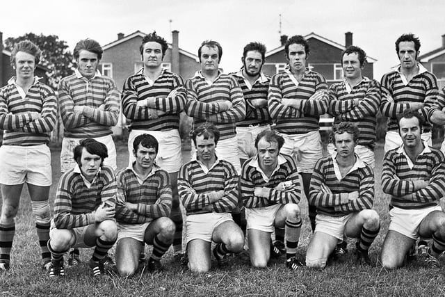 Orrell Rugby Union team in September 1970. Front, left to right, Colin Nicholson, Jimmy Waring, Geoff Taylor, Dave Richardson, Frank Littler. 
Back, left to right, Jack Nicholson, Billy Lyon, Jimmy Hankey, Des Seabrook, Frank Anderson, John Leigh, Martin Beattie, Ted Keane and Harold Bibby.