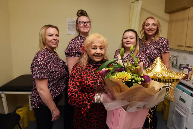 Dr Alka Trivedi is celebrating 50-years working for the NHS, pictured with staff in her surgery on Newton Road, Lowton, from left, Becky Allen, Olivia Gorton, Dr Trivedi, Jennifer Chanley and Gemma Fairhurst.