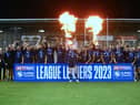 Wigan Warriors celebrate winning the League Leaders' Shield