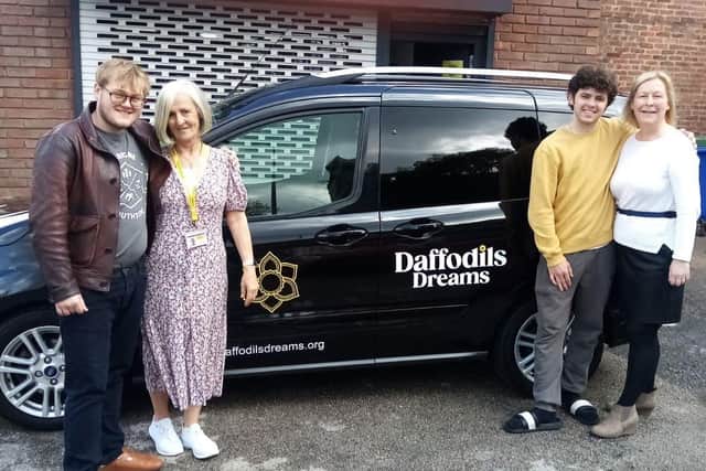 The Lathums' Alex Moore and Scott Concepcion with Noreen Bond and Maureen Holcroft, from Daffodils Dreams