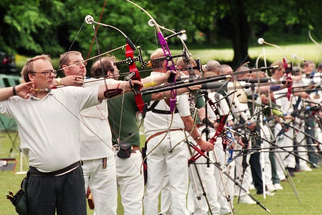 An archery competition at St. Joseph's College, Up Holland, on Saturday 19th of June 1999.
The tournament was organised by the Lancashire Archery Association and competitors came from all over the North of England.