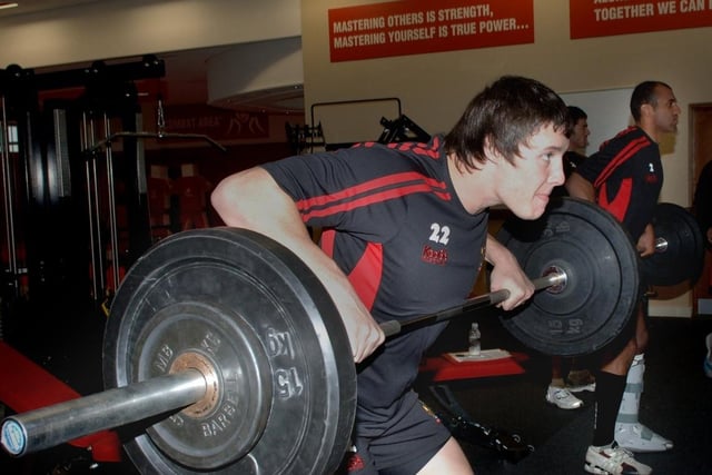 Joel Tomkins on the weights as Wigan Warriors resume training.