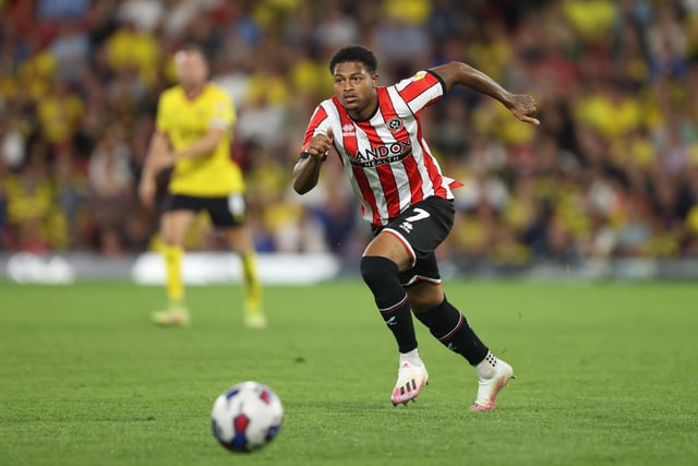 WATFORD, ENGLAND - AUGUST 01:  Rhian Brewster of Sheffield United during the Sky Bet Championship between Watford and Sheffield United at Vicarage Road on August 1, 2022 in Watford, United Kingdom. (Photo by Marc Atkins/Getty Images)
