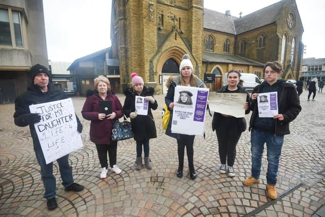 Family and friends of Sasha Marsden demonstrate in St John's Square on the 10 year anniversary of her murder.  L-R are Gary Marsden, Tracy Chapman, Jayne Marsden, Katie Brett, Mila Davies and Razz Eaves.