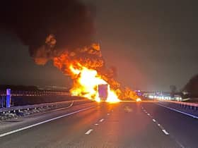 Emergency services at the scene of the lorry fire on the M62  this morning (Tuesday, January 31)