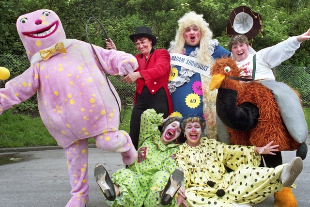 Mr. Blobby and the crew from the Showboat Amusements float at Wigan Carnival on Saturday 12th of June 1993.