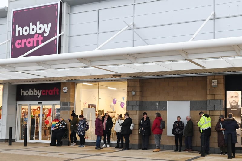 Excited customers queue for the opening of craft and art supplies store, Hobby Craft, the newest shop to open at Robin Retail Park, Wigan.