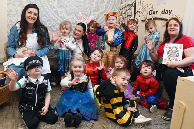 Staff and children at Little Jigsaws Day Nursery, Pemberton, dress up for World Book Day.