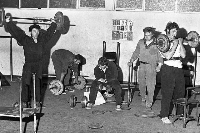 Weight training in Wigan Boys and Girls Club, Soho Street, in July 1971.