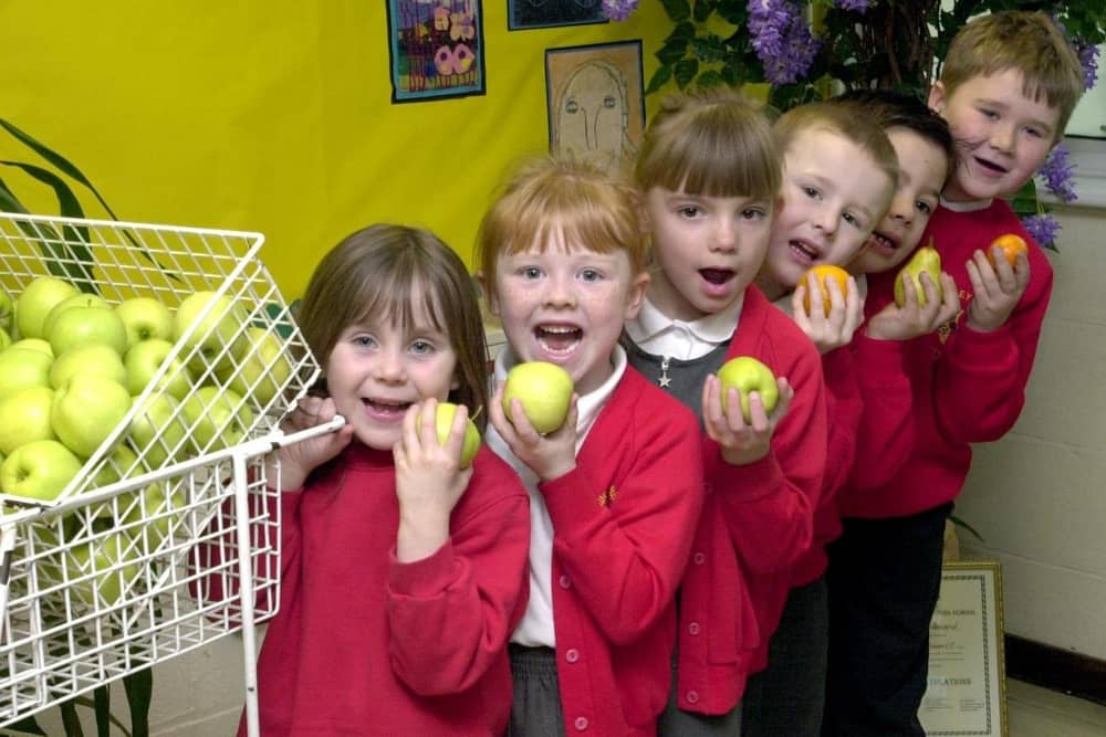 Pupils at Hindley Green Community Primary School promote eating five-a-day as fruit is given out at school.