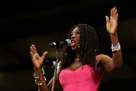 Heather Small performs during the Rugby League World Cup Final match between Australia and Samoa at Old Trafford