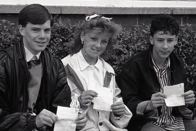 Some pupils with there GCSE results at Ashton High School in 1988