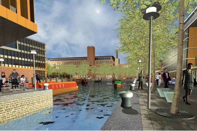 An artist's impression of how Eckersley Mills would have looked under previous ambitious plans for the site in 2008. This project, which included the creation of a canal marina, never got off the ground though