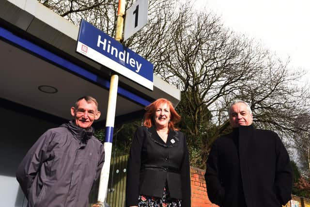 MP Yvonne Fovargue with Hindley ward councillors Jim Talbot and Paul Blay at Hindley railway station