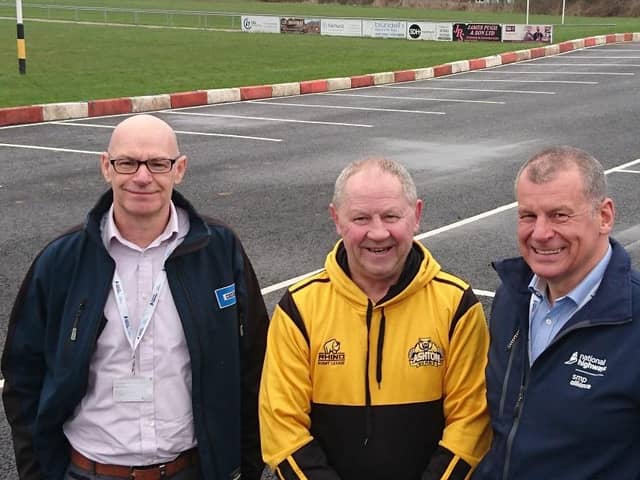 Left to right: Michael Brind, Costain’s social value coordinator, Ashton Bears RLFC chairman Steve Jones and Chris Burrows, Costain's senior community relations and stakeholder manager.