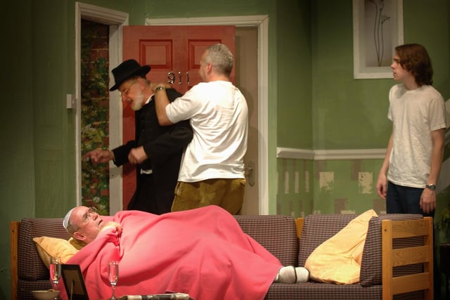 Rabbi Meyer, alias Paul Buer, is ejected by Sam the taxi driver, Paul Dawson, watched by son Irving, Mark Talbot and Bill Collins, Wigan Little Theatre's second of three Pope Albert IVs, in The Day They Kidnapped The Pope