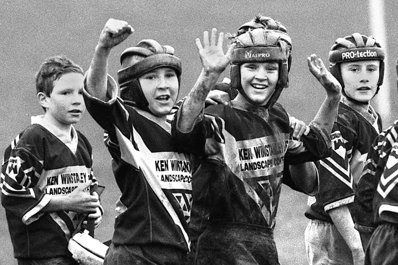 Ashton Bears Under 12s celebrate a 22-12 defeat of Leigh Rangers in a junior rugby league match at Low Bank Road, Ashton, on Sunday 27th of November 1994.