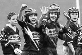 Ashton Bears Under 12s celebrate a 22-12 defeat of Leigh Rangers in a junior rugby league match at Low Bank Road, Ashton, on Sunday 27th of November 1994.