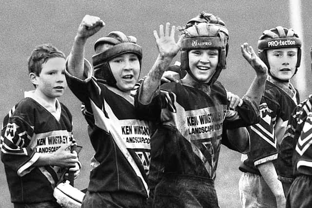 Ashton Bears Under 12s celebrate a 22-12 defeat of Leigh Rangers in a junior rugby league match at Low Bank Road, Ashton, on Sunday 27th of November 1994.