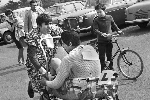 Pushing for glory during a pram race in aid of Oxfam at Ashurst Beacon in 1968.