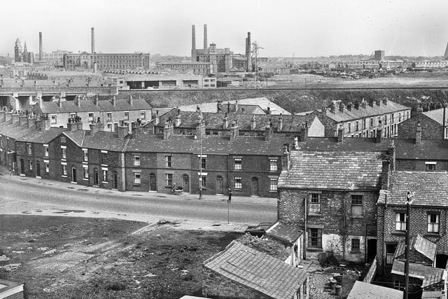 Looking across Ormskirk Road, Newtown, in the 1960s towards Trencherfield Mill, Eckersley Mill and Westwood power station.